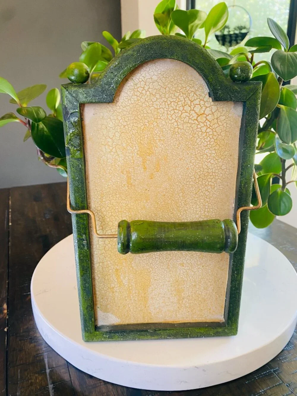 Vintage Crackle Green Wood Santa Carrier Box Wire Handle Farmhouse Christmas